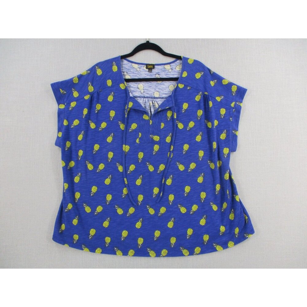 Lee Womens Blue Pineapple Print Short-Sleeve Blouse Size 2X Relaxed Fit Lightwei